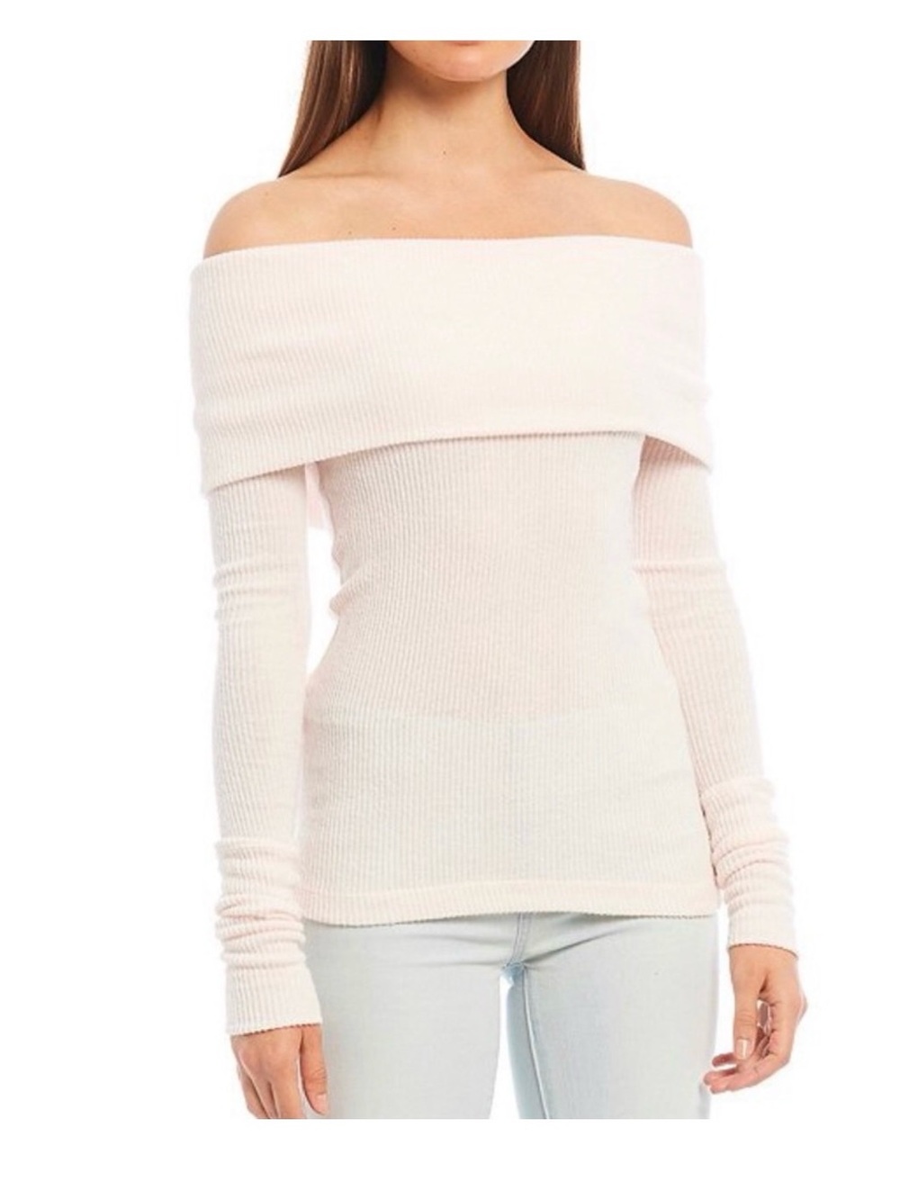 Free People We The Free Off-the-Shoulder Ribbed Sweater Light Pink Small